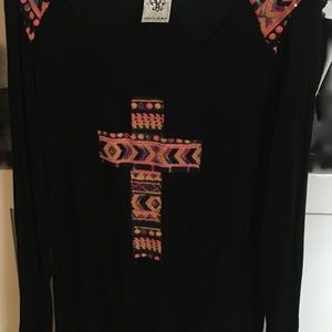 SOLD Beautiful Black Women 's Vocal XL Shirt with Sequin Multicolor Cross